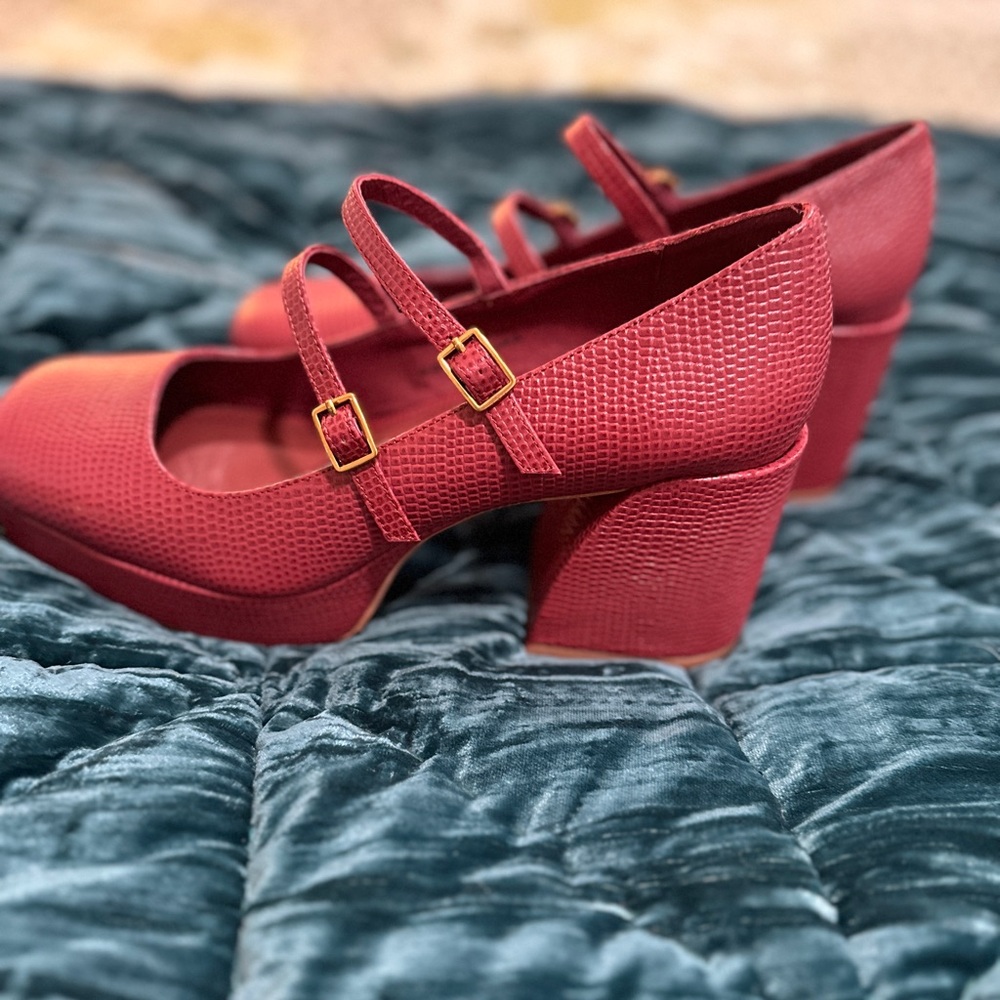 Charlotte Stone Red Heels with Chunky Heel and Straps
